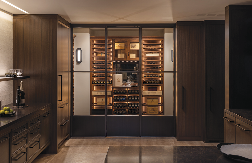 An elevated, sophisticated vibe defines the wine room.