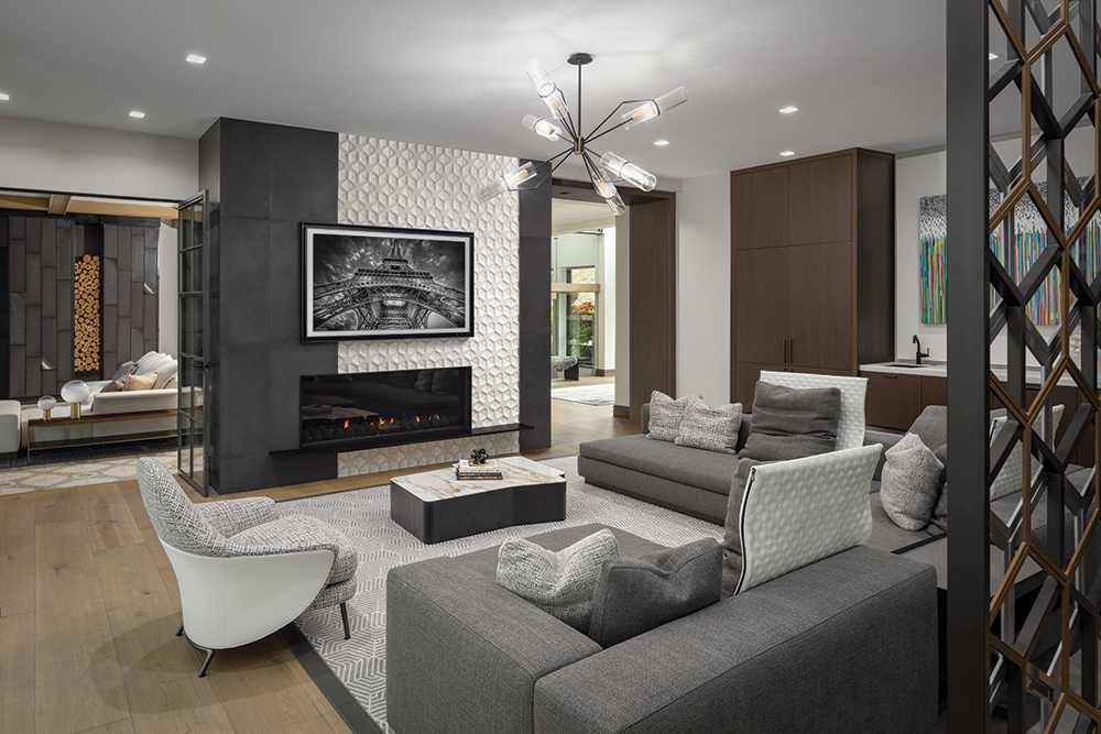 Neutral tones and textural furnishings adorn the inviting family room.